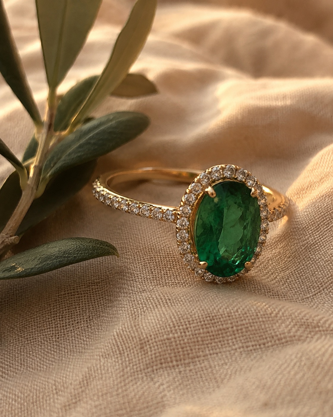Halo Oval Esmeralda Oro, Esmeralda oval, Halo diamantes, Oro 18k