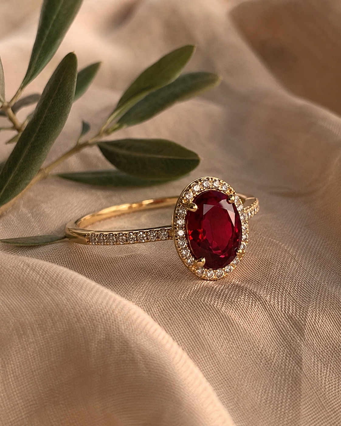 Halo Oval Rubí Oro, Rubí oval, Halo diamantes, Oro 18k