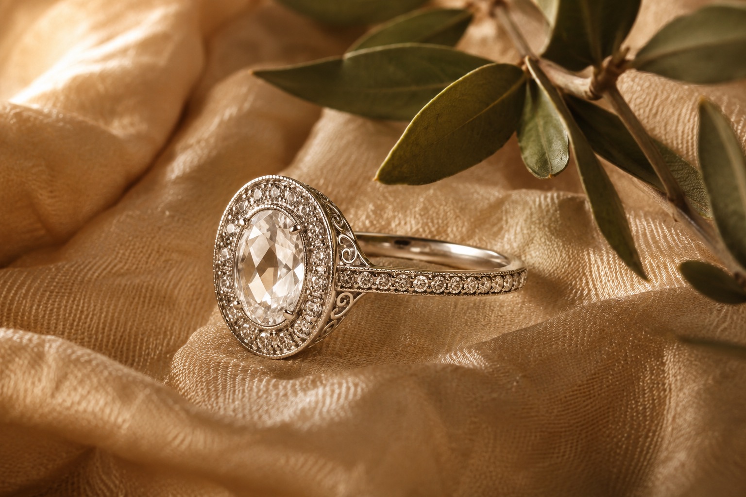 Halo Oval Vintage Platino, Diamante oval, Halo vintage milgrain, Platino