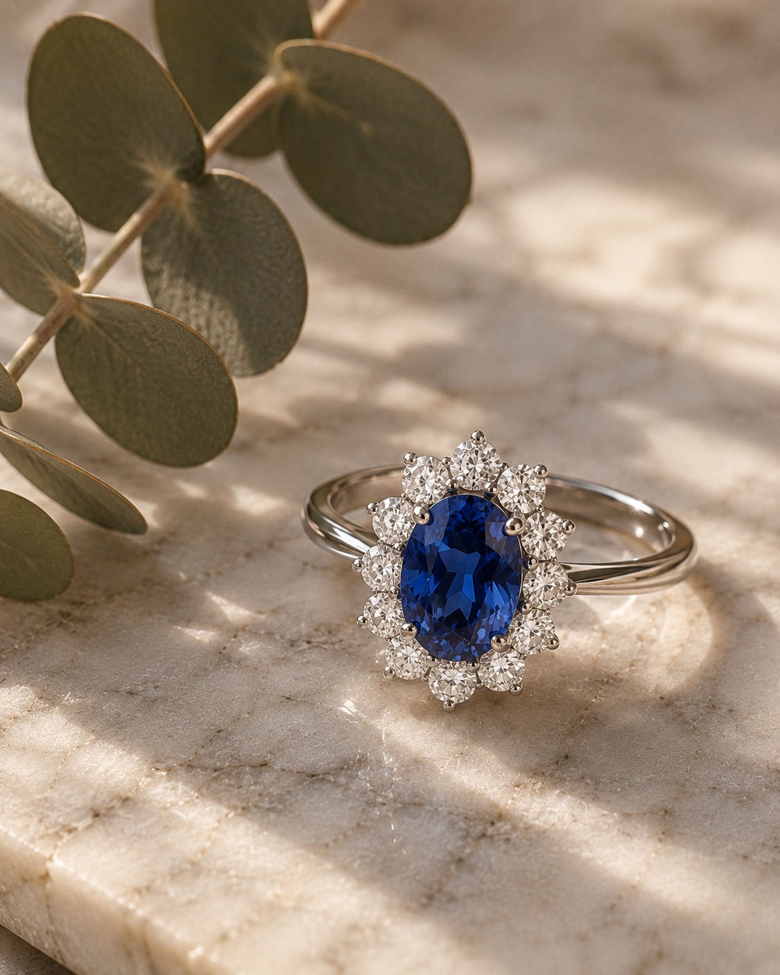 Halo Oval Zafiro Diana, Zafiro azul oval, Halo diamantes, Platino