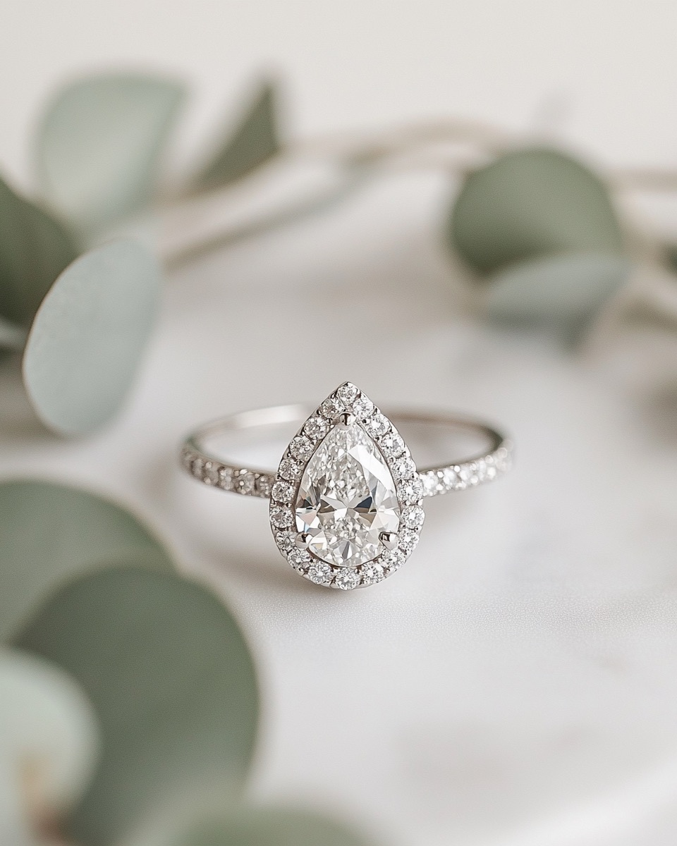 Anillo de compromiso halo pera con diamante
