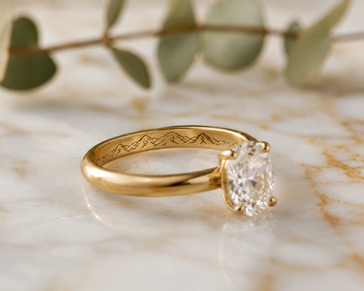 Solitario Oval · Grabado Montaña, Grabado interior de cordillera, Oro 18k amarillo