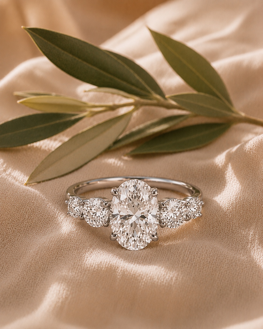 Solitario Oval con Peras Laterales, Diamante oval, Peras laterales, Platino